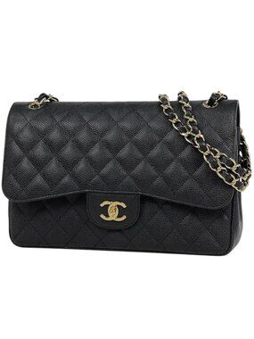 Chanel Big Quilted Shoulder Bag Double Flap CC Logo Caviar Leather Black